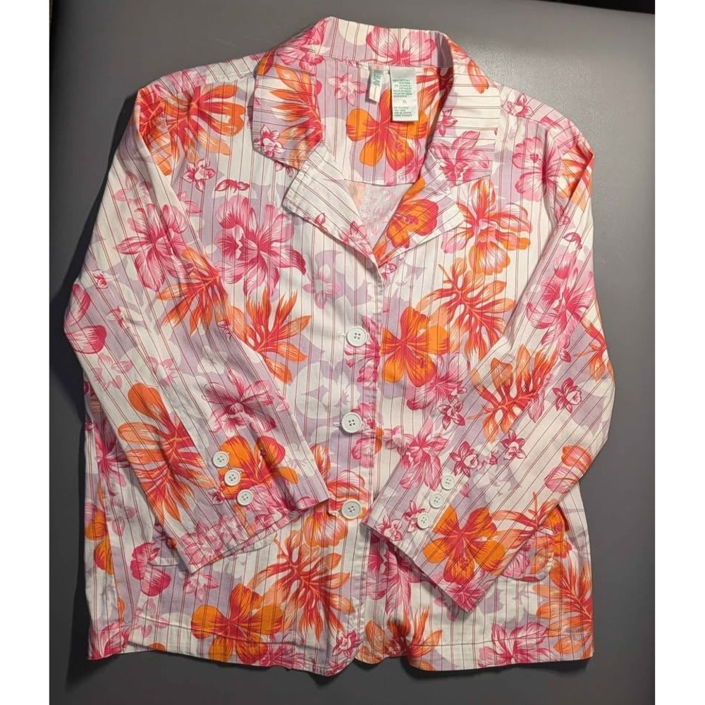 Bill Blass Floral‎ Blazer Jacket XL Pink Orange Button Front Stretch Cotton